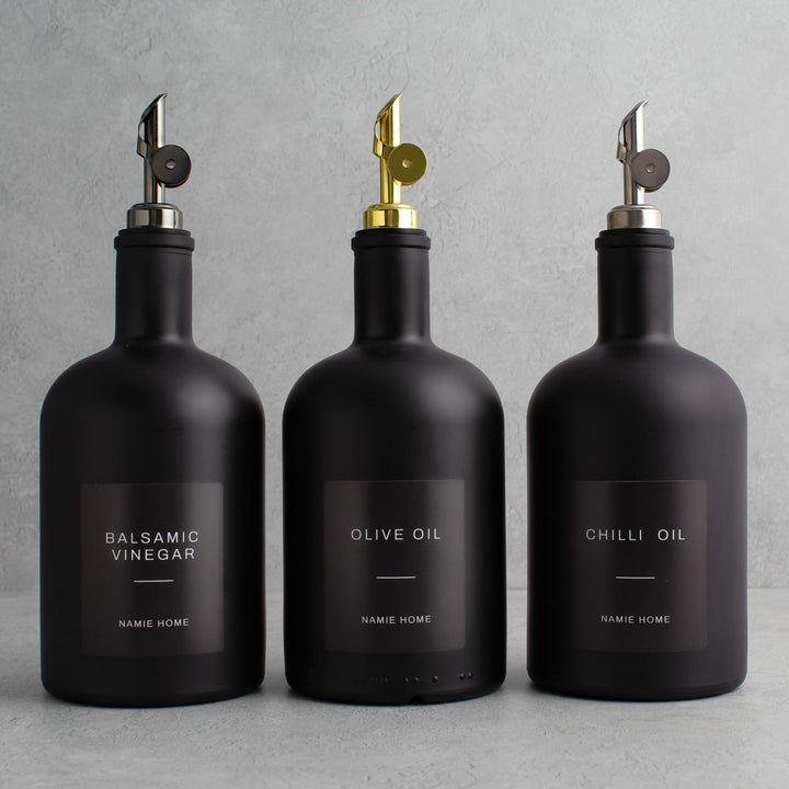 Matte Black Glass Tall Neck Oil Bottle With Label