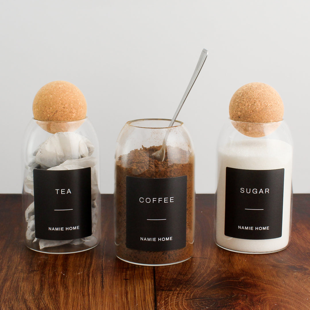 Tea Coffee Sugar Cork Ball Glass Storage Jar Set