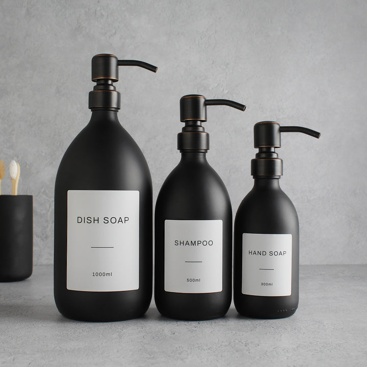 Labelled Matte Black Glass Dispenser Bottle With Black/Copper Pump