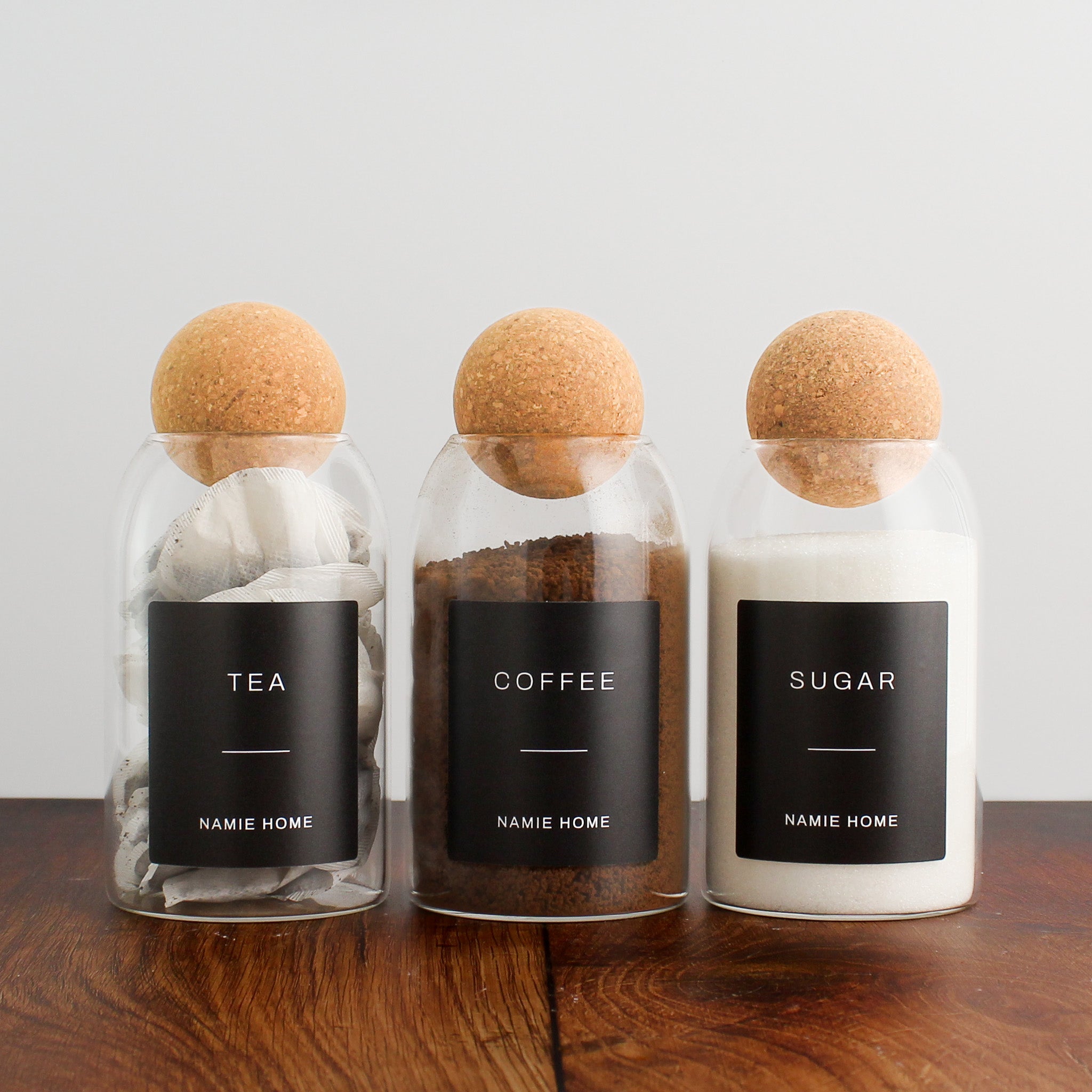 Tea Coffee Sugar Cork Ball Glass Storage Jar Set - Namie Home