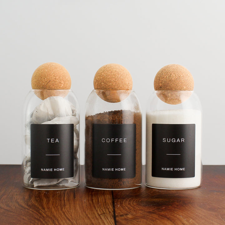 Tea Coffee Sugar Cork Ball Glass Storage Jar Set