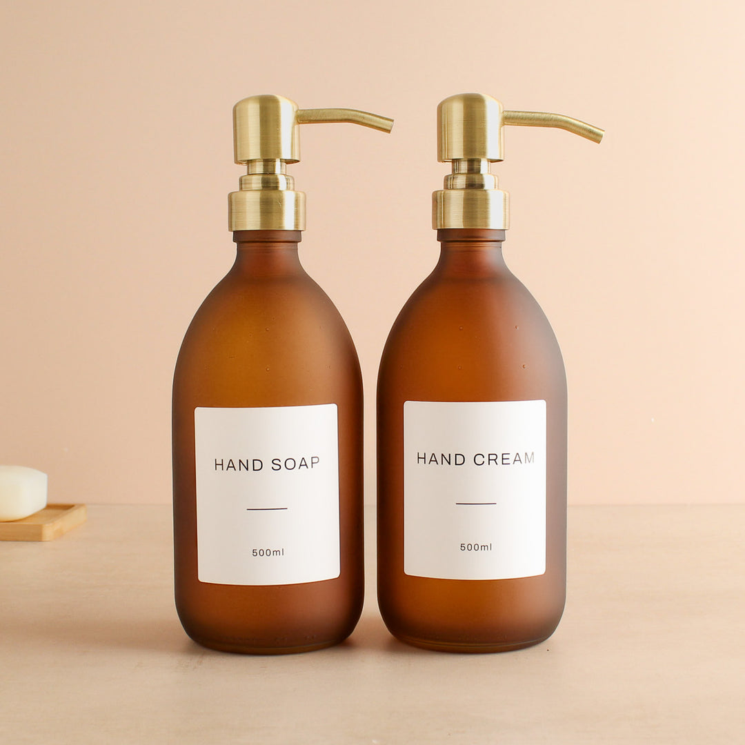 Hand Soap & Hand Cream Frosted Amber Glass Set