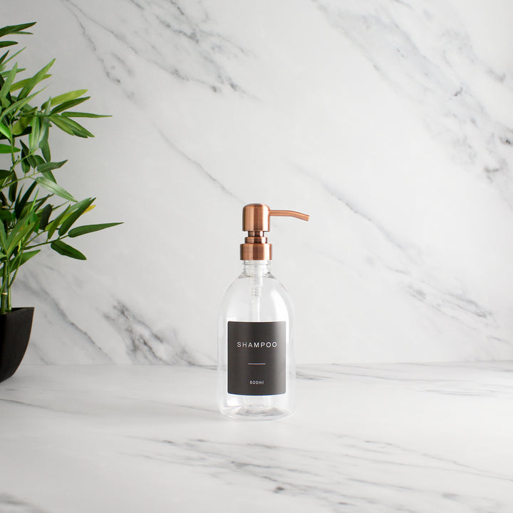 Labelled Clear Plastic Dispenser Bottle With Rose Gold Pump