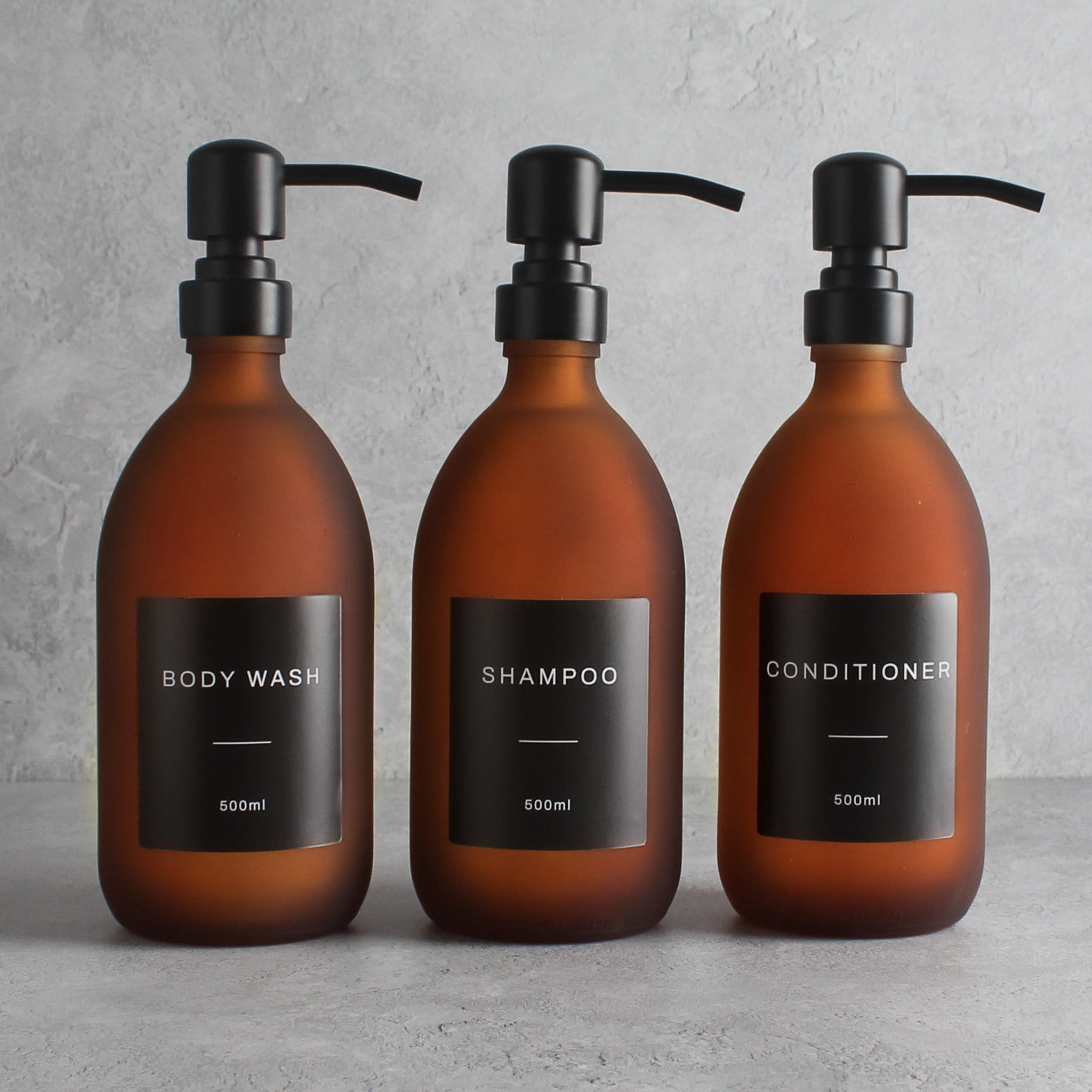 Body Wash, Shampoo & Conditioner Frosted Amber Glass Set - Namie Home