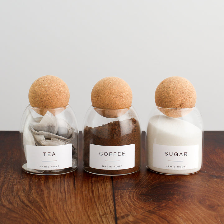 Tea Coffee Sugar Cork Ball Glass Storage Jar Set