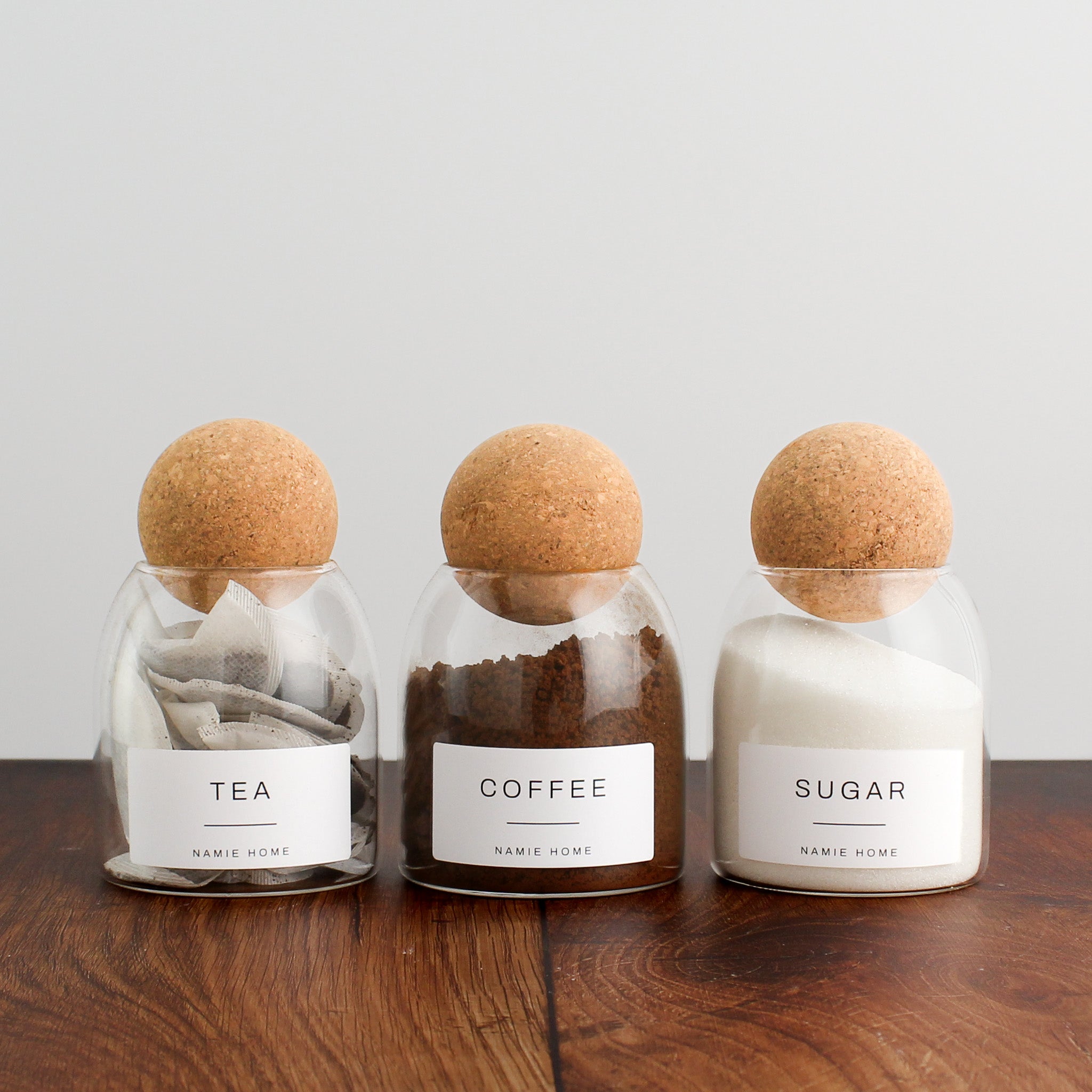 Tea Coffee Sugar Cork Ball Glass Storage Jar Set - Namie Home