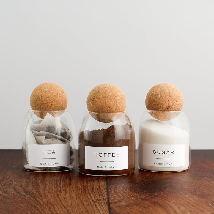 Tea Coffee Sugar Cork Ball Glass Storage Jar Set