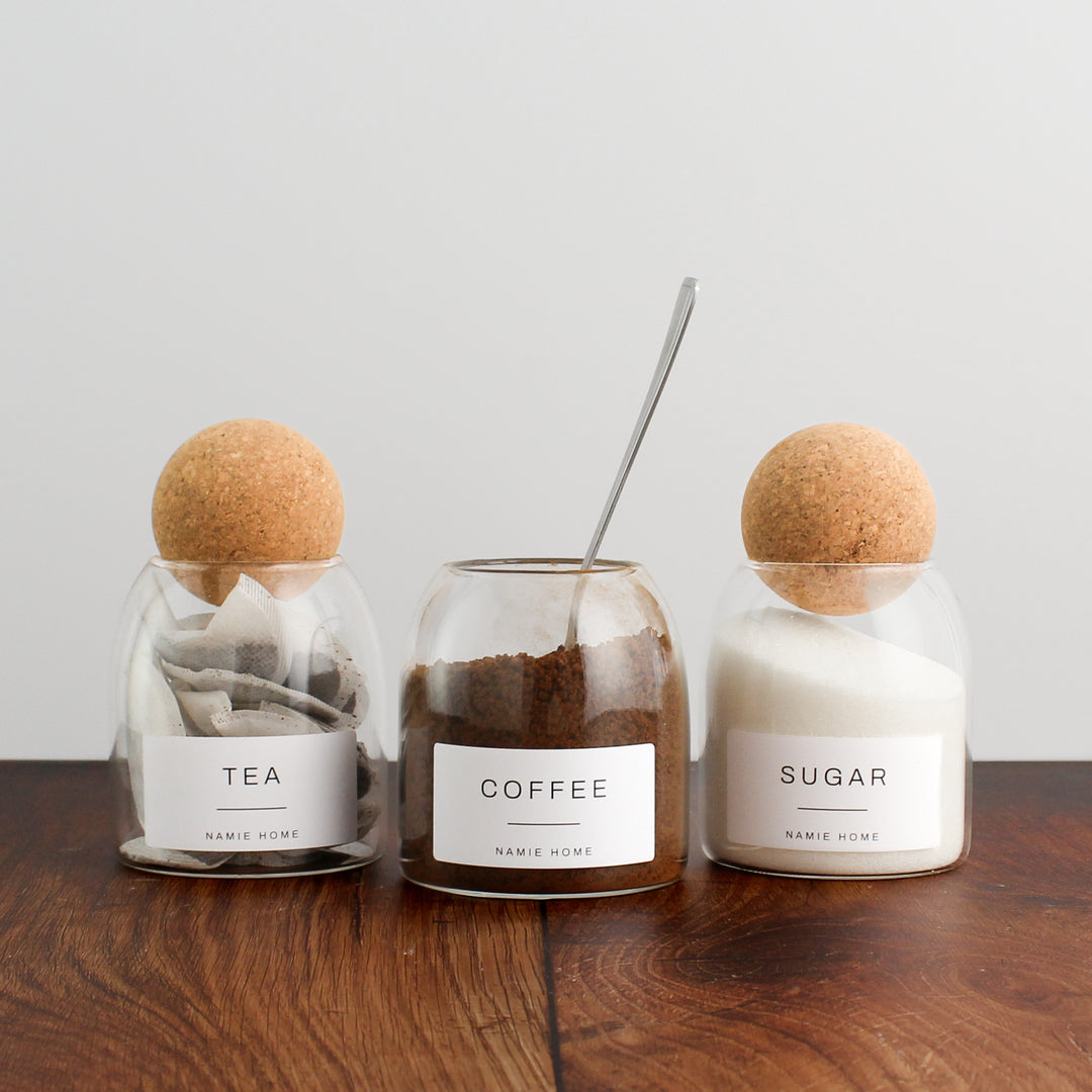 Tea Coffee Sugar Cork Ball Glass Storage Jar Set