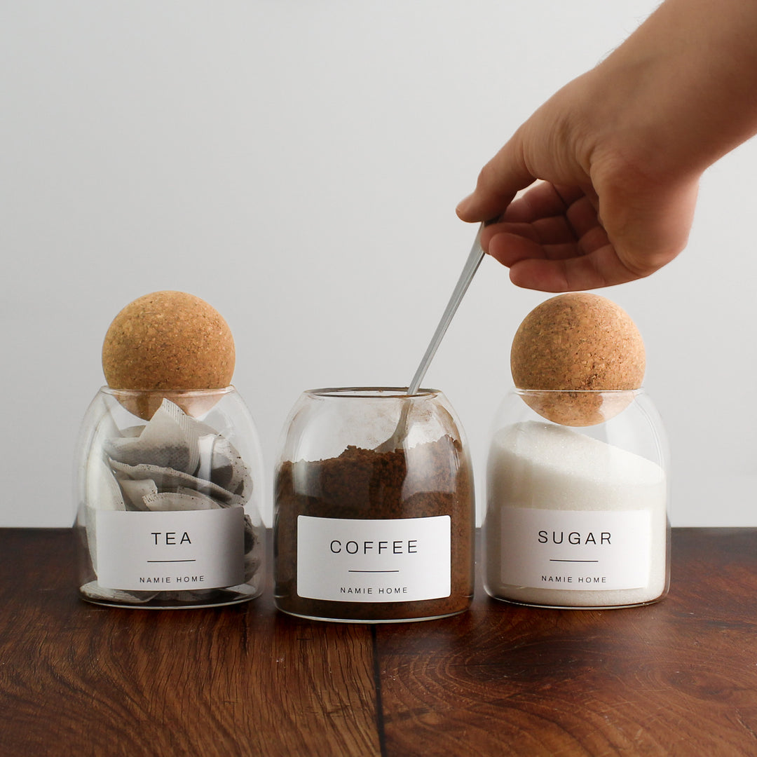 Tea Coffee Sugar Cork Ball Glass Storage Jar Set