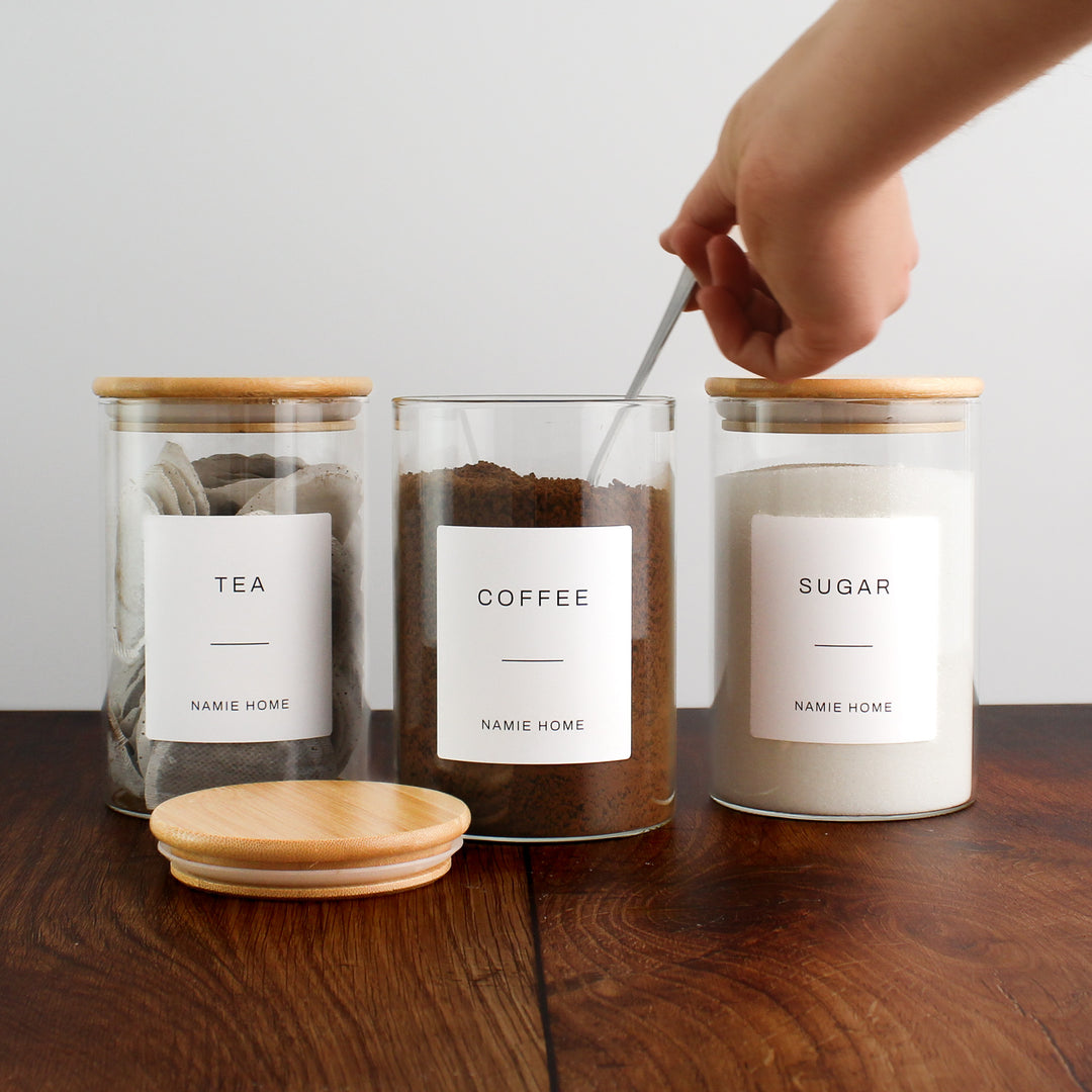 Tea Coffee Sugar Glass Storage Jar Set With Bamboo Lids