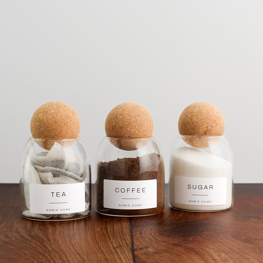 Tea Coffee Sugar Cork Ball Glass Storage Jar Set