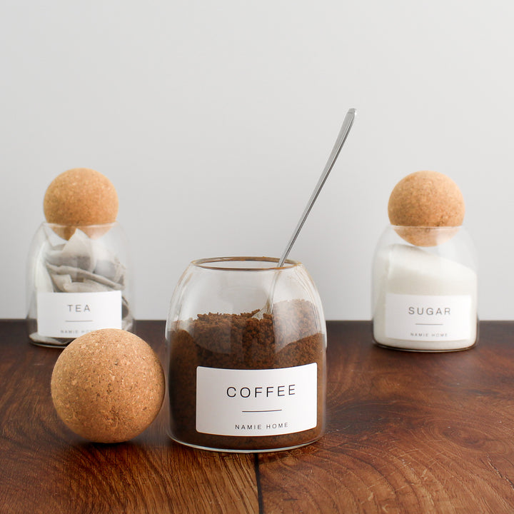 Tea Coffee Sugar Cork Ball Glass Storage Jar Set