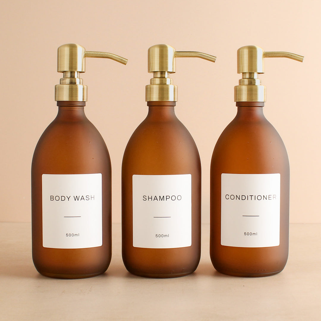 Body Wash, Shampoo & Conditioner Frosted Amber Glass Set