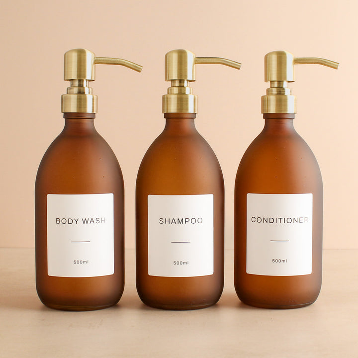 Body Wash, Shampoo & Conditioner Frosted Amber Glass Set