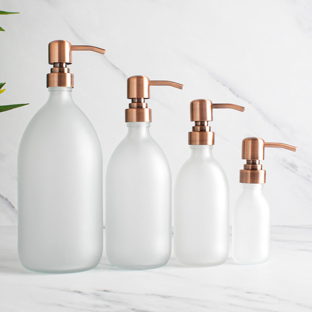 Frosted White Glass Dispenser Bottle With Rose Gold Pump