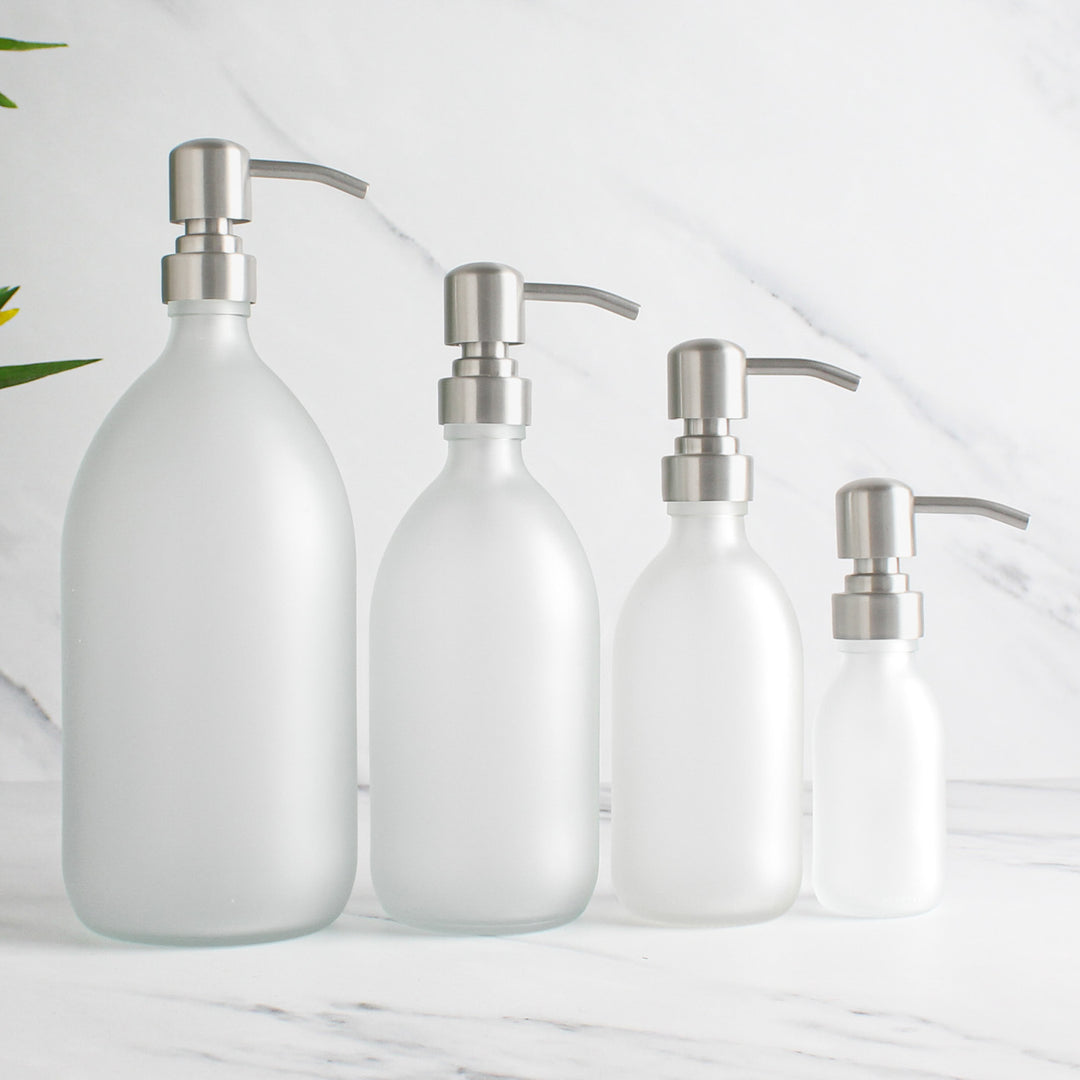 Frosted White Glass Dispenser Bottle With Silver Pump