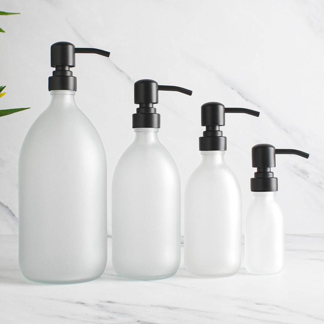 Frosted White Glass Dispenser Bottle With Matte Black Pump