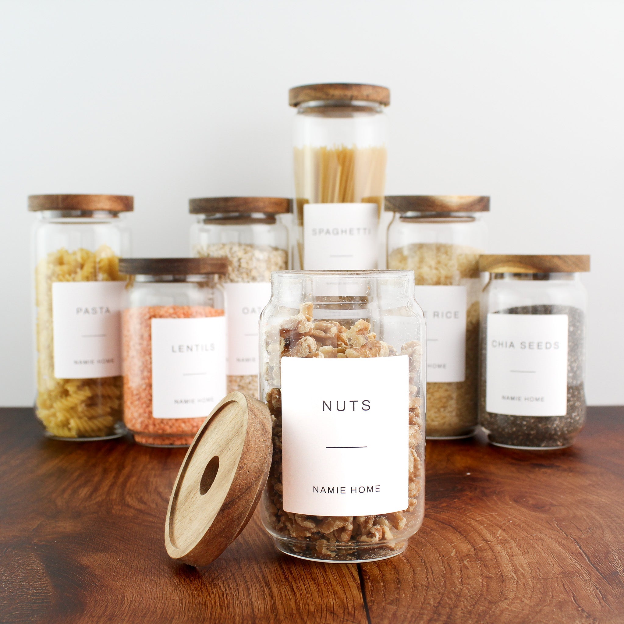 Pantry Storage Jar Set With Acacia Lids - White Labels