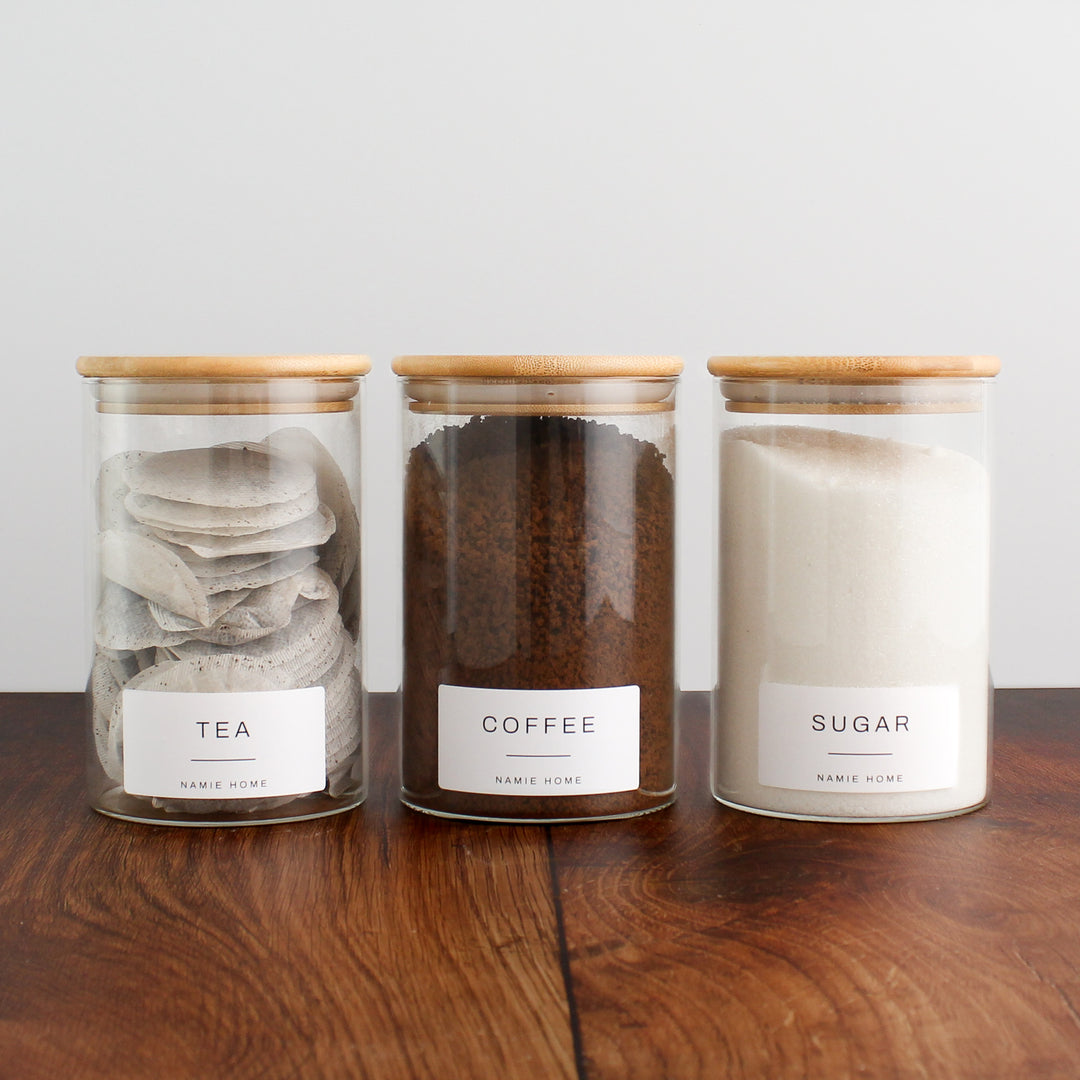 Tea Coffee Sugar Glass Storage Jar Set With Bamboo Lids