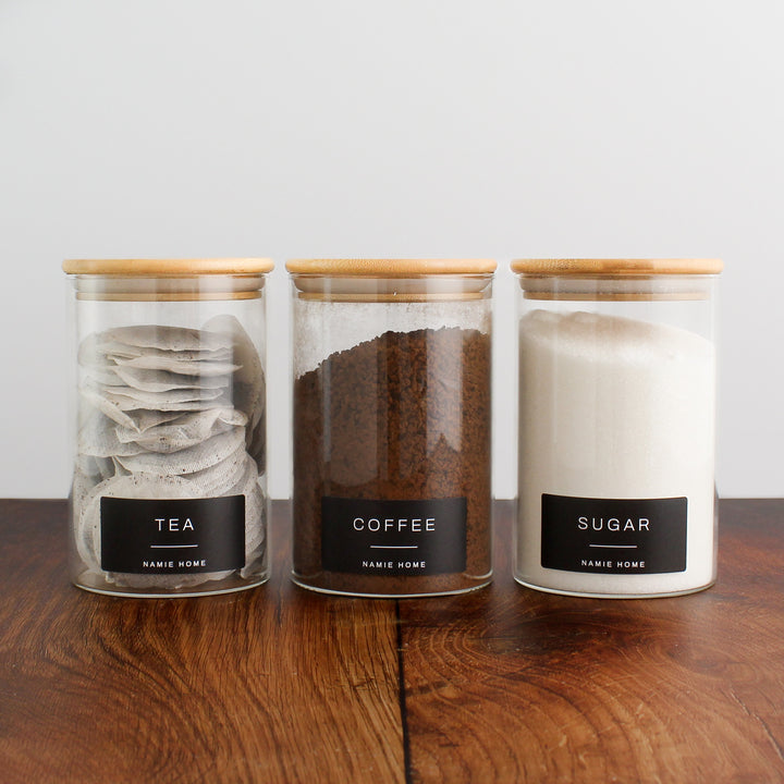 Tea Coffee Sugar Glass Storage Jar Set With Bamboo Lids