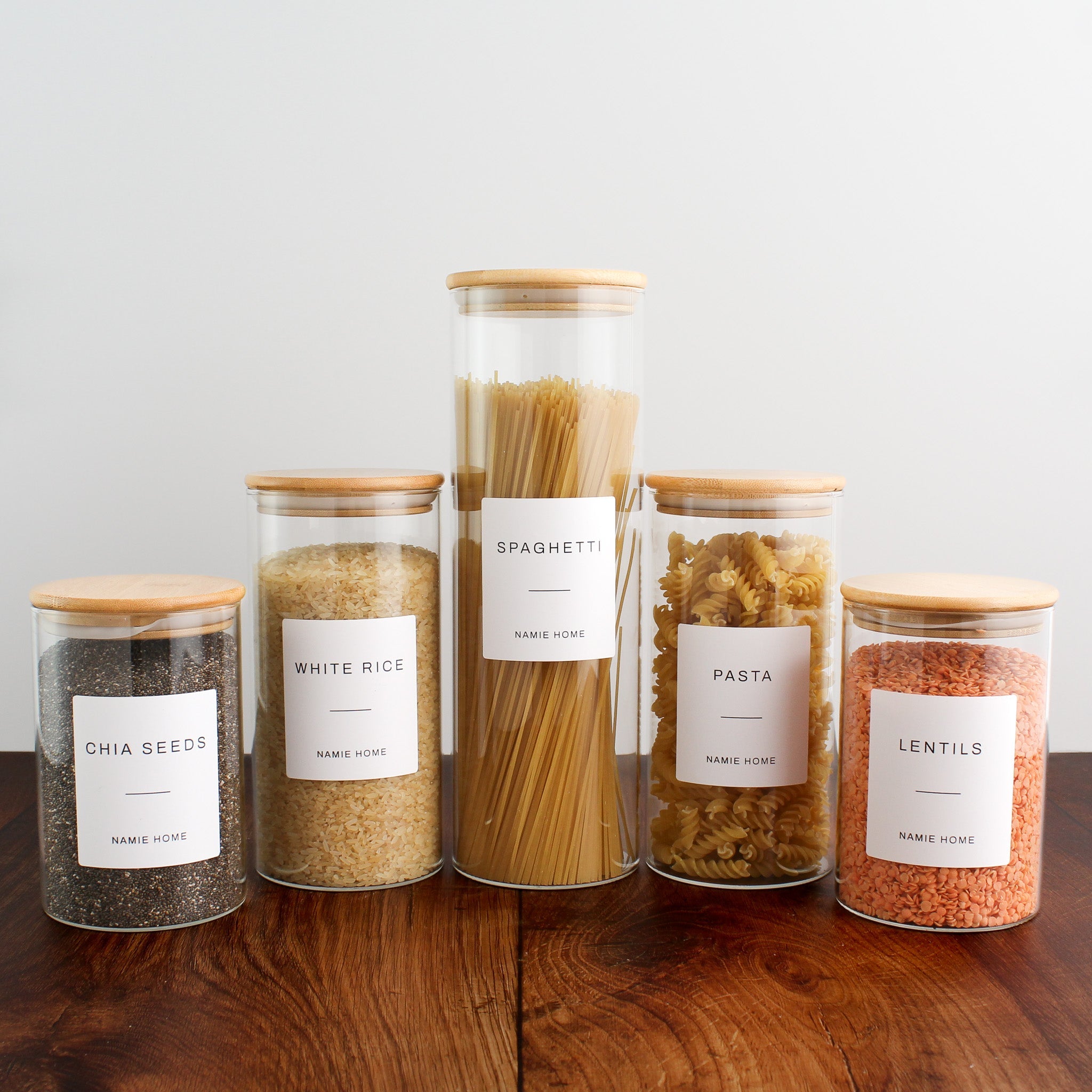 Pantry Storage Jar Set With Bamboo Lids - White Labels