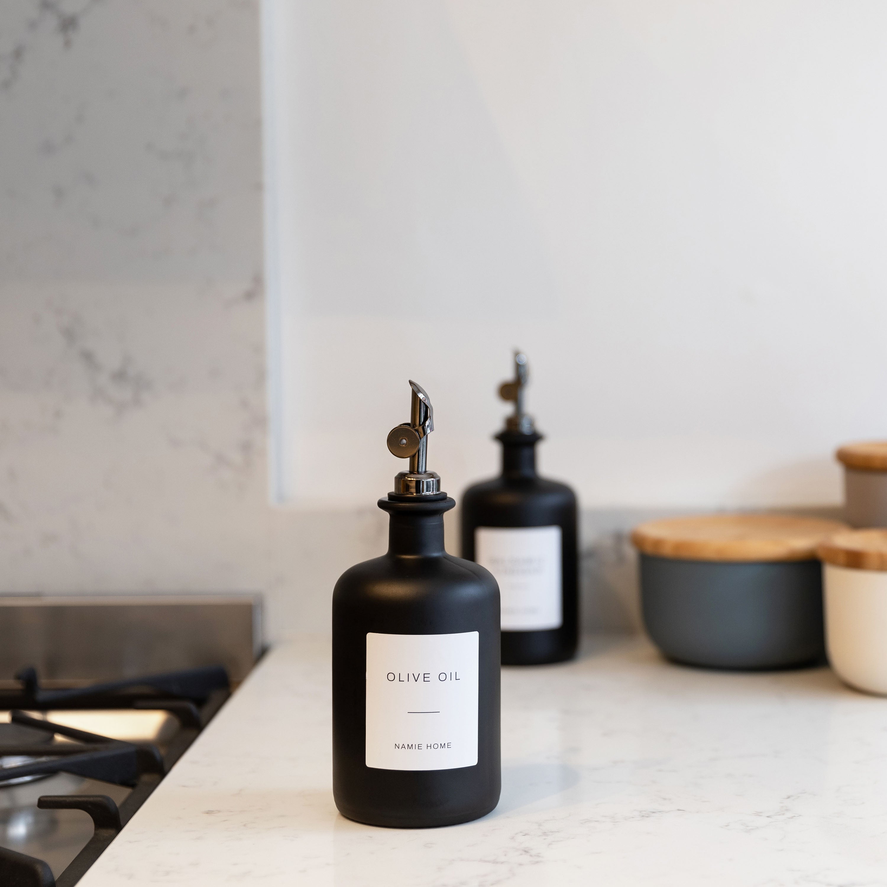 Matte Black Glass Oil Bottle With Label - Namie Home