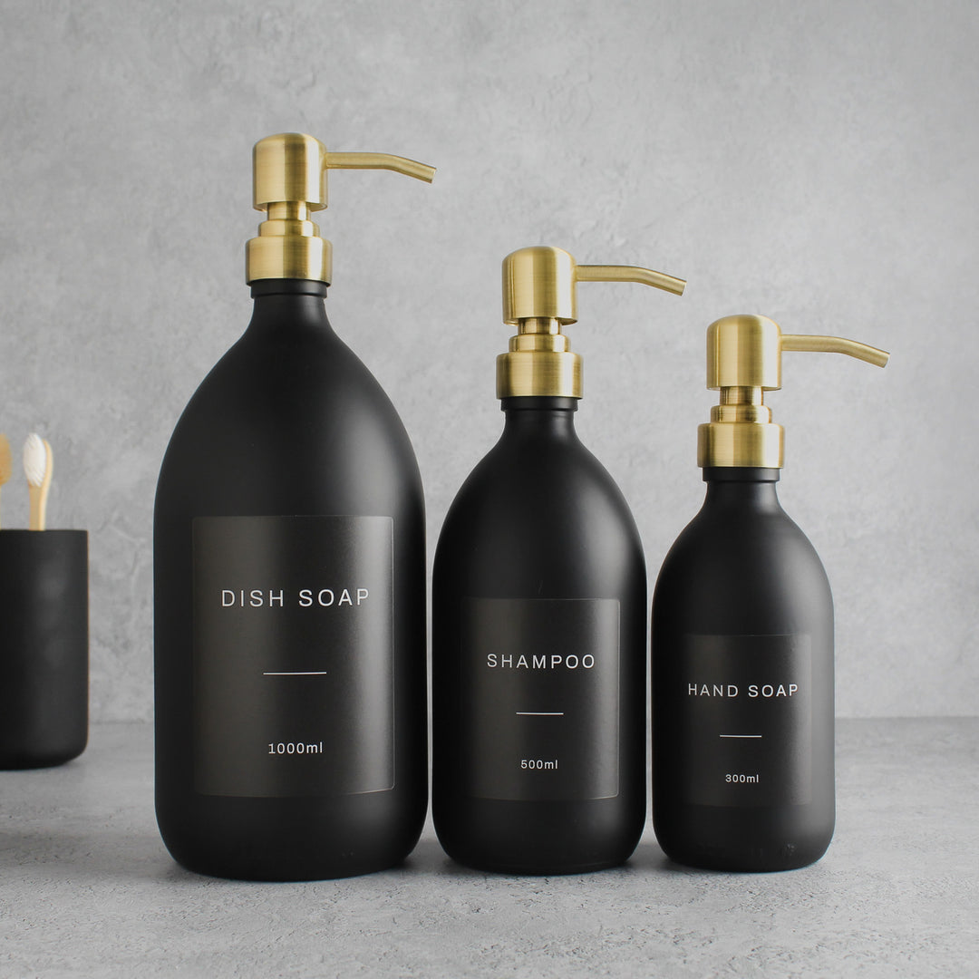 Labelled Matte Black Glass Dispenser Bottle With Gold Pump