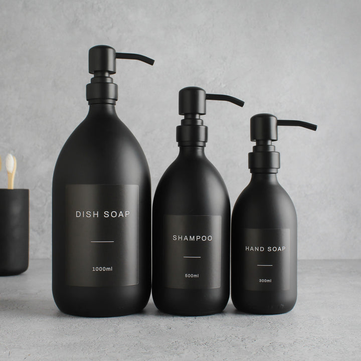 Labelled Matte Black Glass Dispenser Bottle With Matte Black Pump