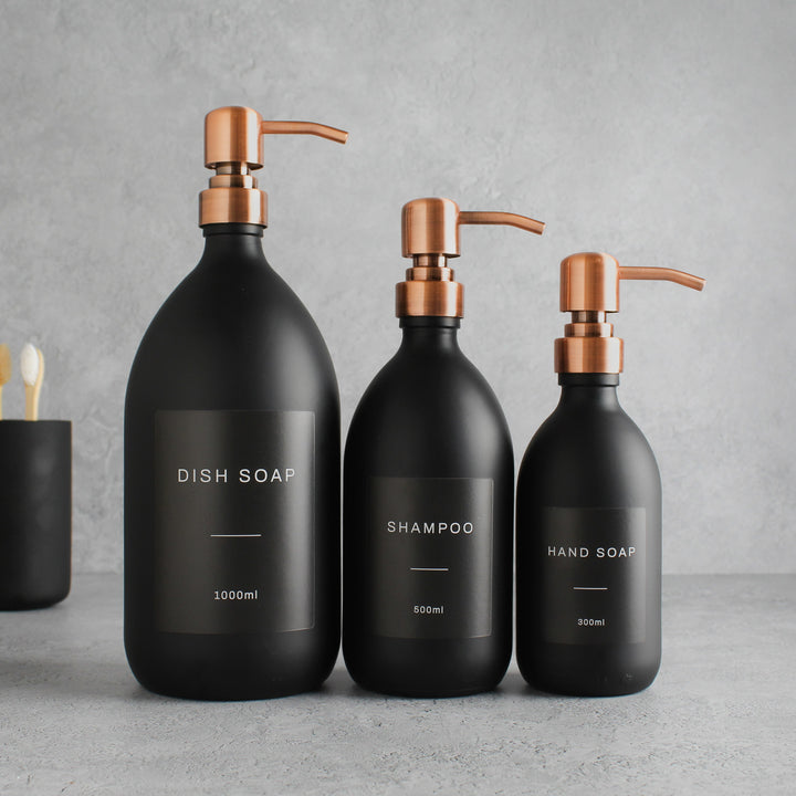 Labelled Matte Black Glass Dispenser Bottle With Rose Gold Pump