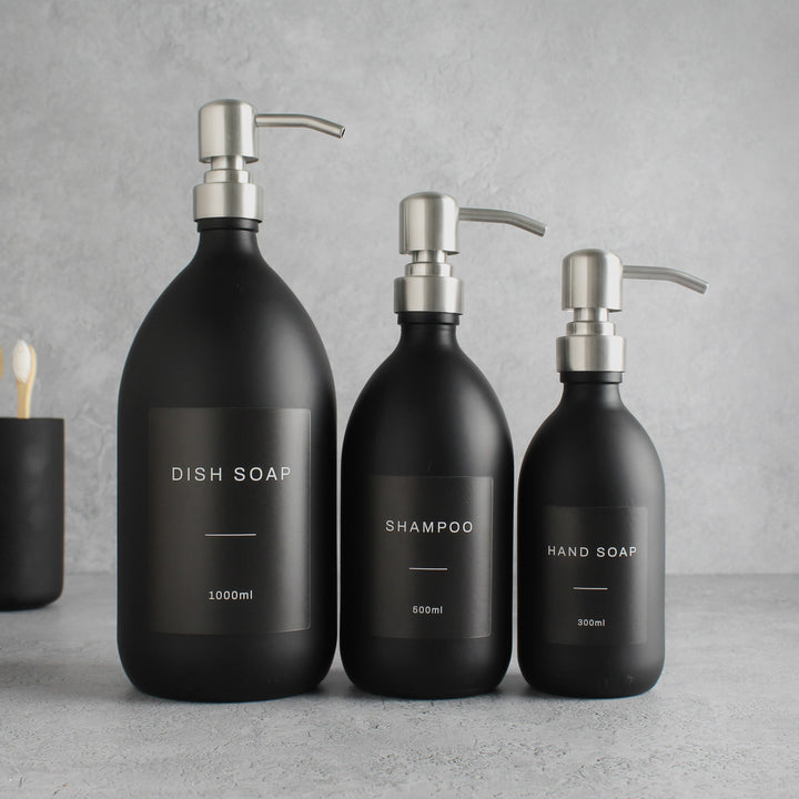 Labelled Matte Black Glass Dispenser Bottle With Silver Pump