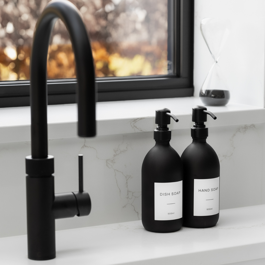 Labelled Matte Black Glass Dispenser Bottle With Matte Black Pump - Namie Home