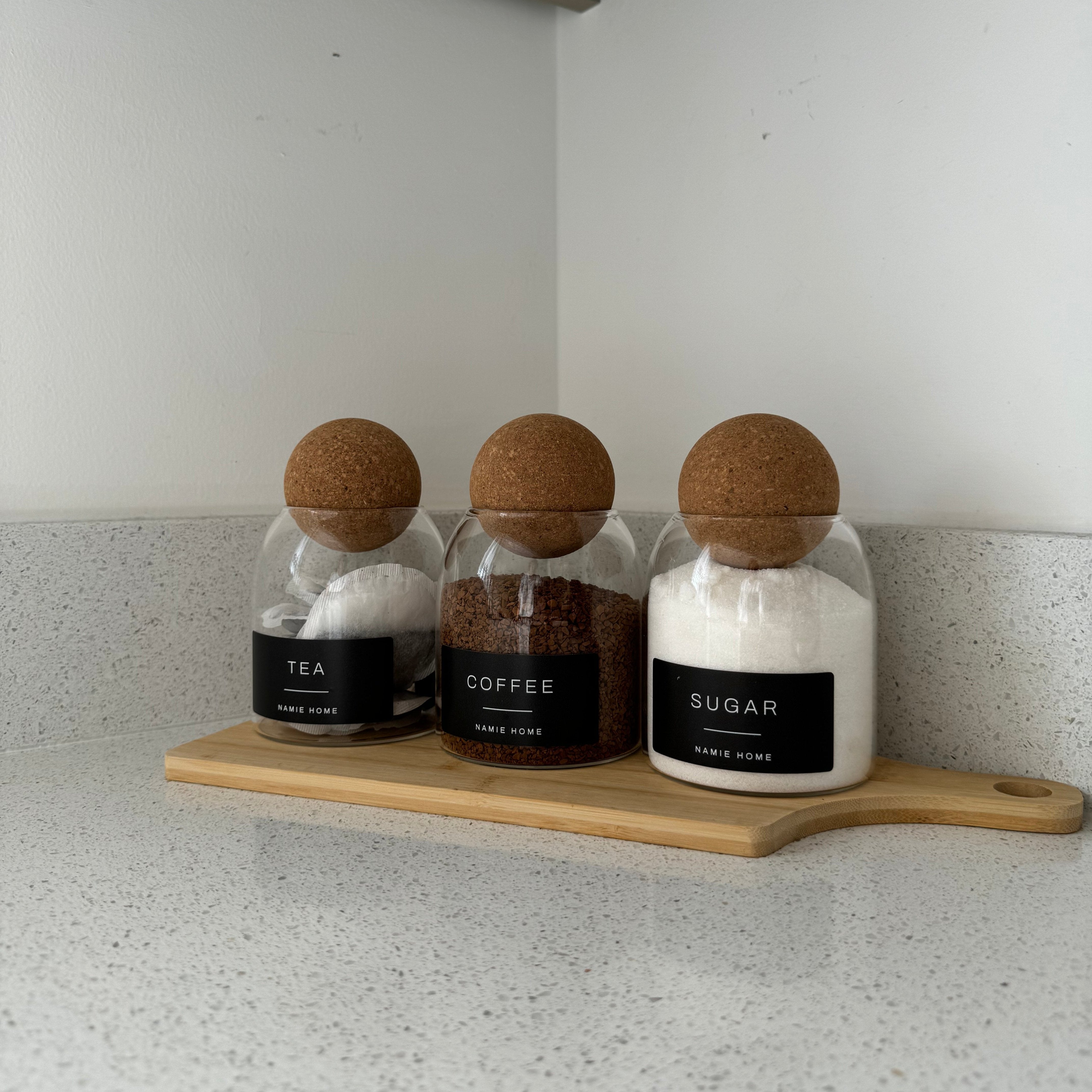 Tea Coffee Sugar Cork Ball Glass Storage Jar Set - Namie Home