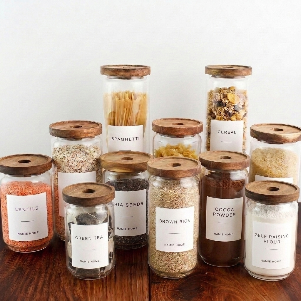Pantry Storage Jar Set - Acacia Lids - White Labels - Set of 12