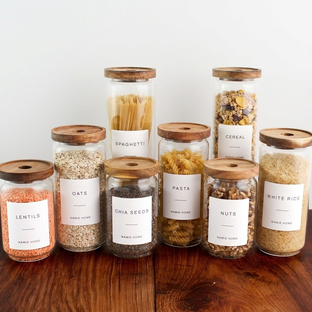 Pantry Storage Jar Set - Acacia Lids - White Labels - Set of 8