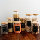 Pantry Storage Jar Set - Bamboo Lids - Black Labels - Set of 8