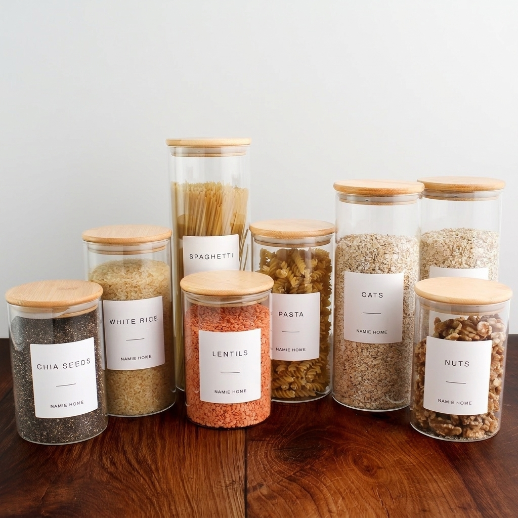 Pantry Storage Jar Set - Bamboo Lids - White Labels - Set of 8
