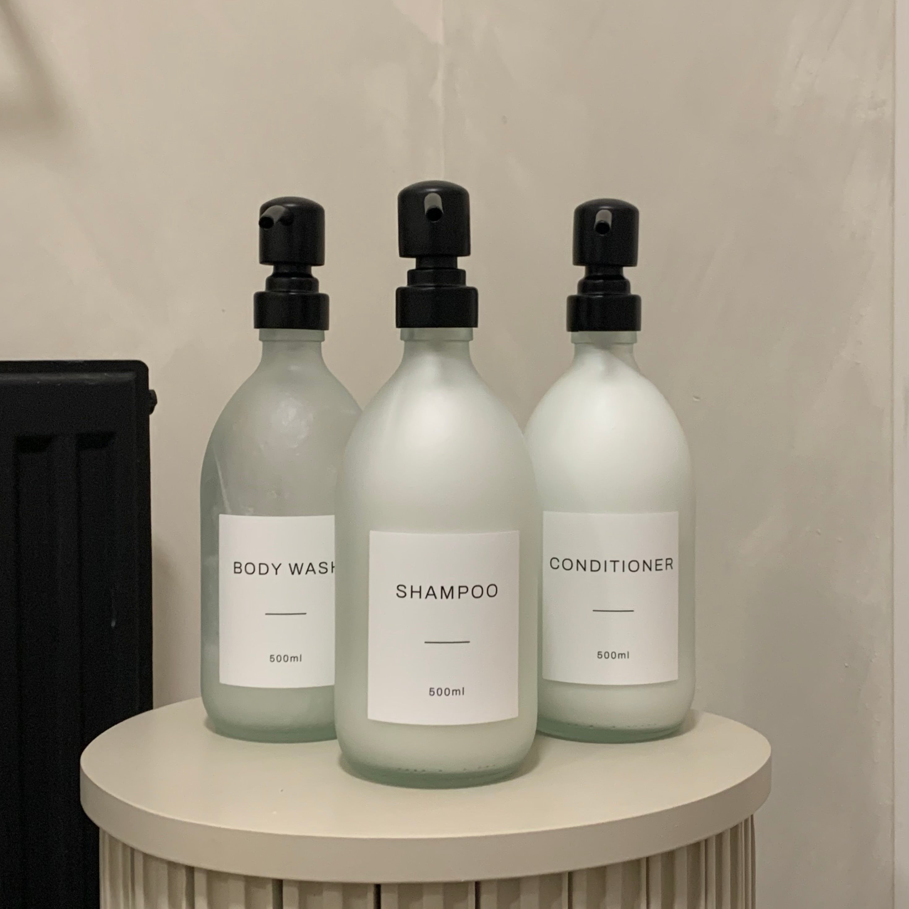 Body Wash, Shampoo & Conditioner Frosted White Glass Set - Namie Home