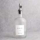 Frosted White Glass Tall Neck Oil Bottle With Label - silver lid