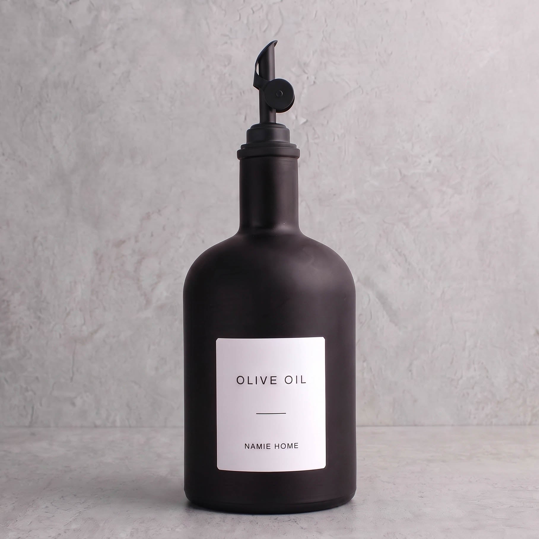 Matte Black Glass Tall Neck Oil Bottle With Label - black lid