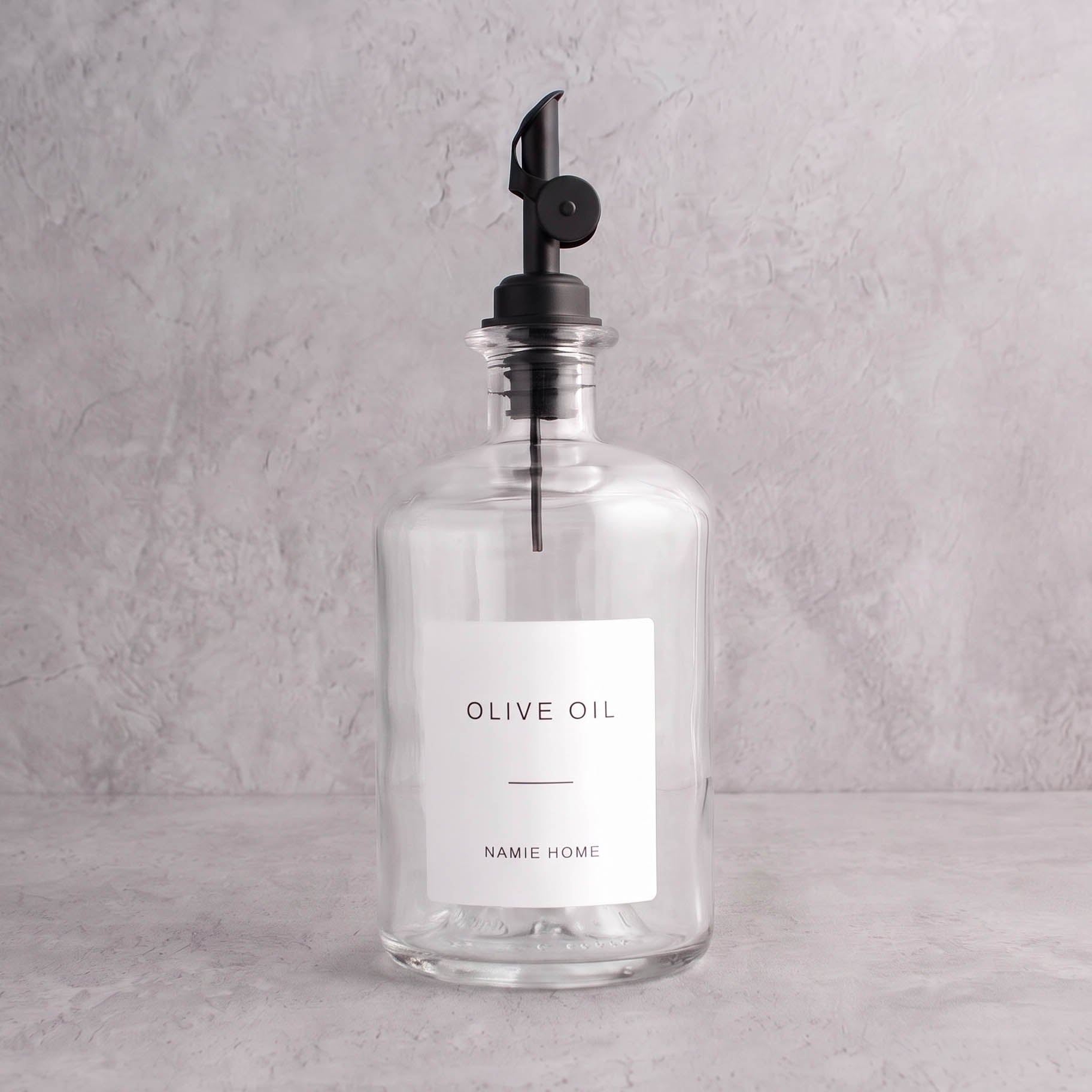 Clear Glass Oil Bottle With Label - black lid