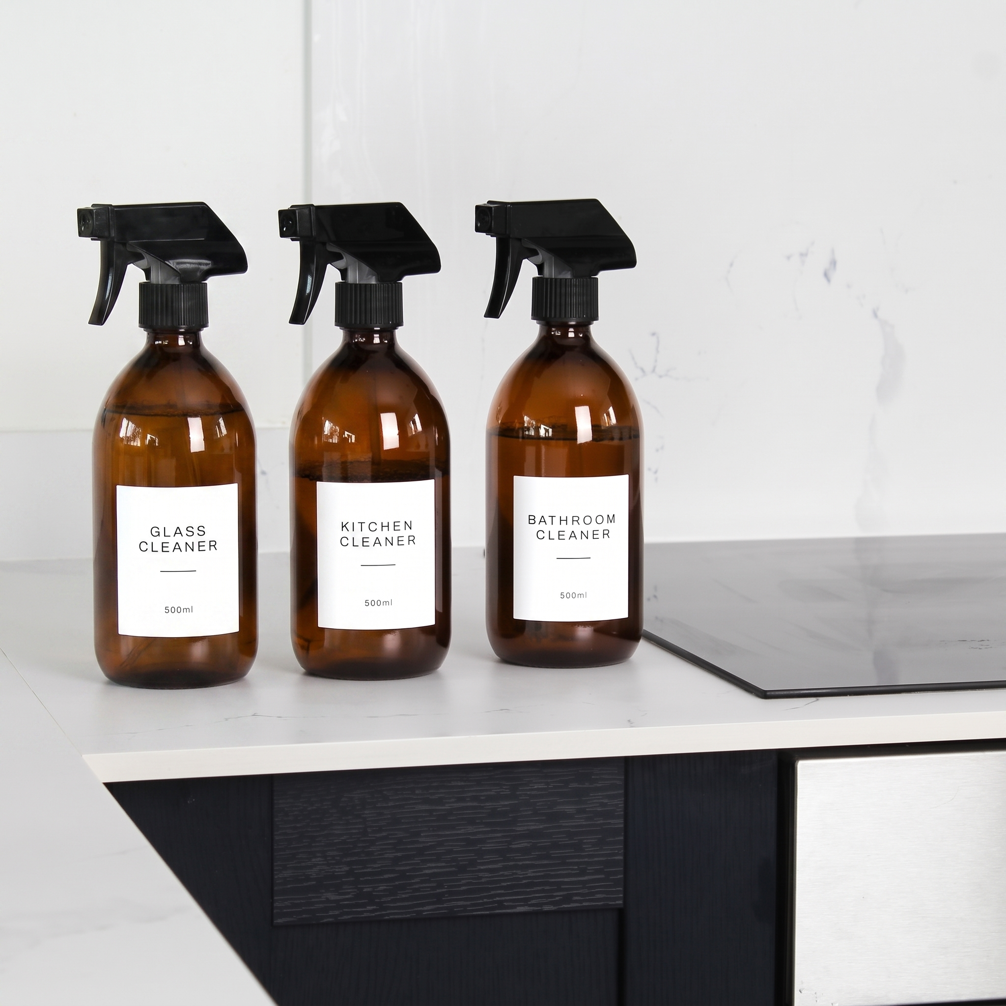 Amber Glass Spray Bottle Set of 3 with Acacia Tray