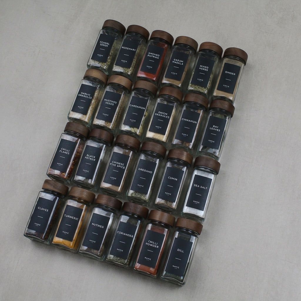 Spice Jar Set With Acacia Lids & 36 Black Labels 5