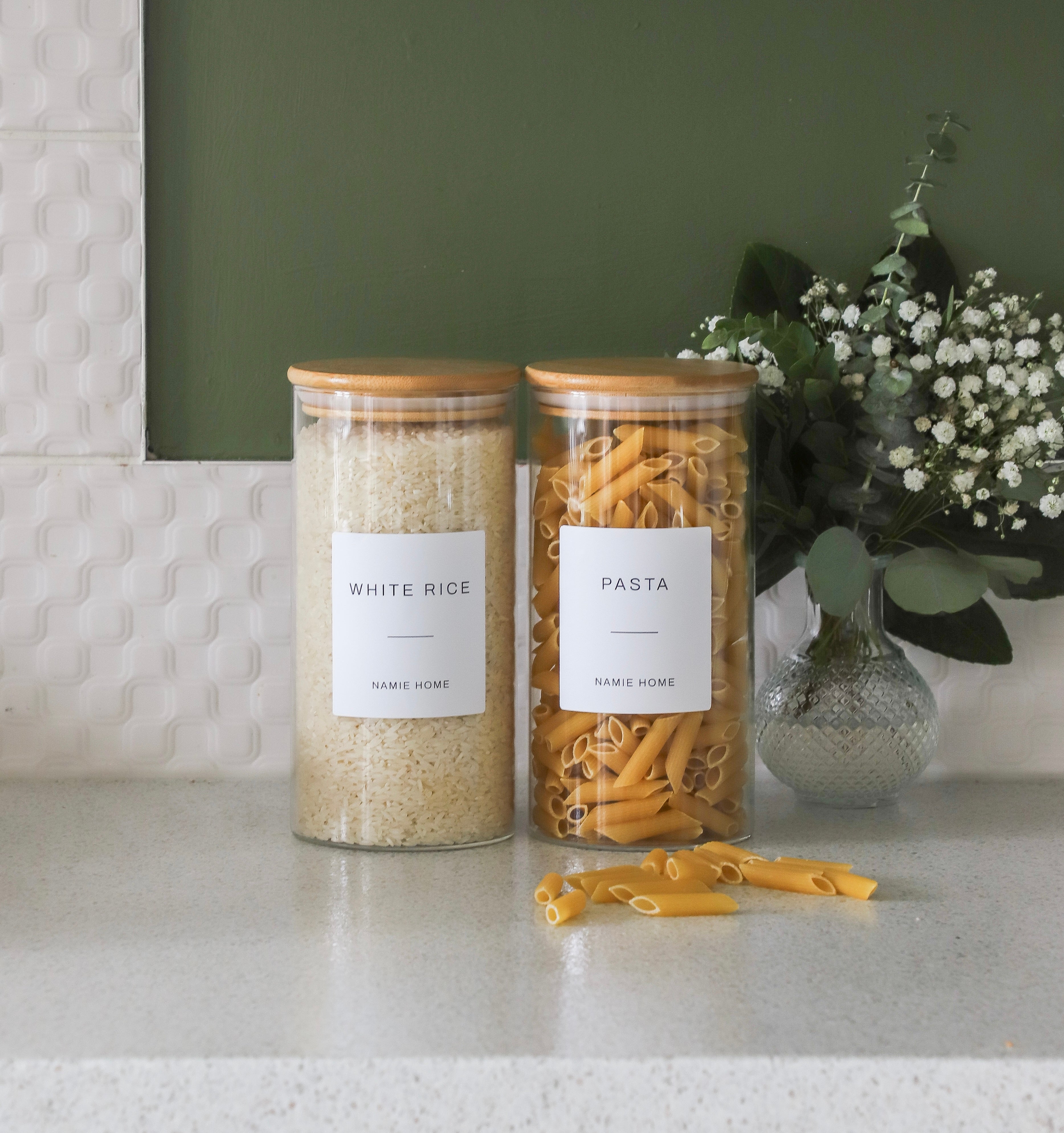 Pantry Storage Jar Set With Bamboo Lids - White Labels