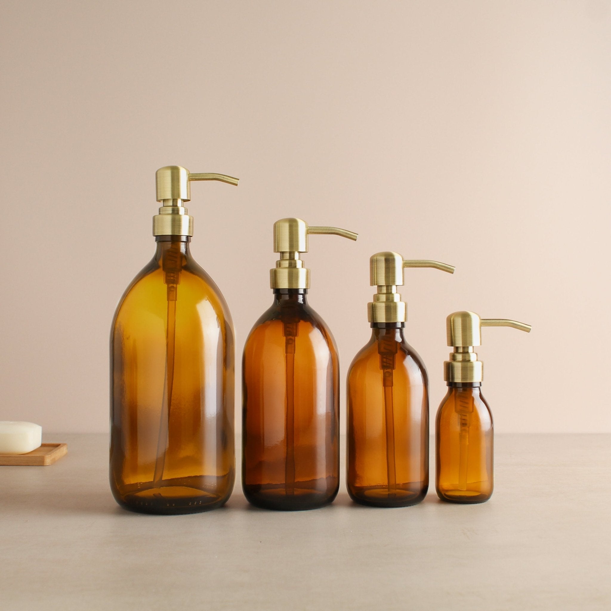 Amber Glass Dispenser Bottle With Gold Pump - Namie Home