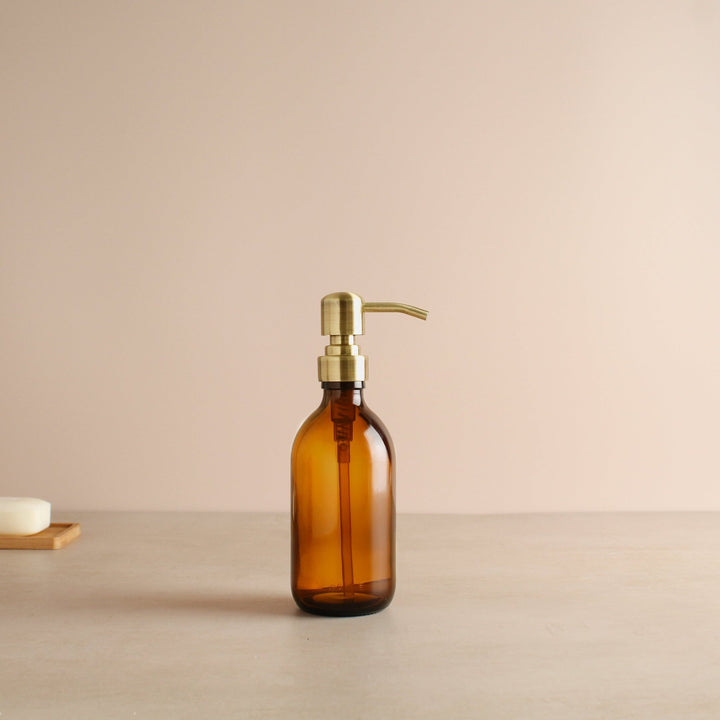 Amber Glass Dispenser Bottle With Gold Pump - Namie Home