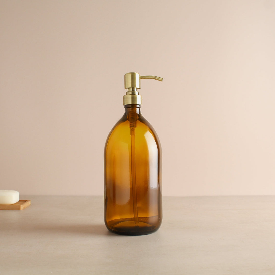 Amber Glass Dispenser Bottle With Gold Pump - Namie Home