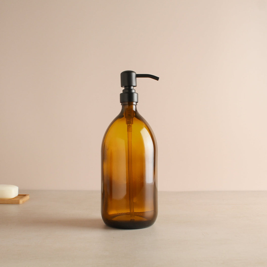 Amber Glass Dispenser Bottle With Matte Black Pump - Namie Home