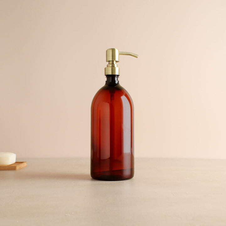 Amber Plastic Dispenser Bottle With Metal Gold Pump - Namie Home