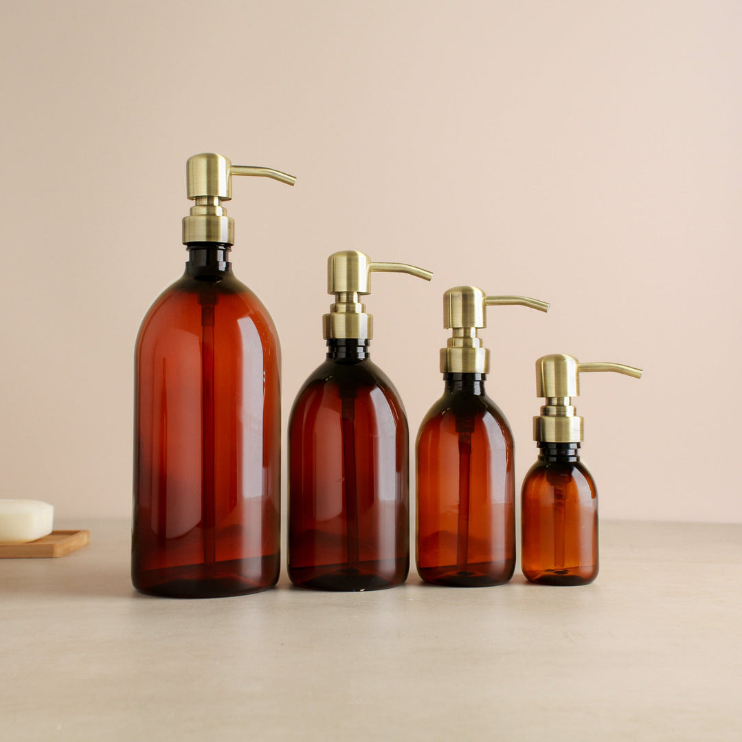 Amber Plastic Dispenser Bottle With Metal Gold Pump - Namie Home