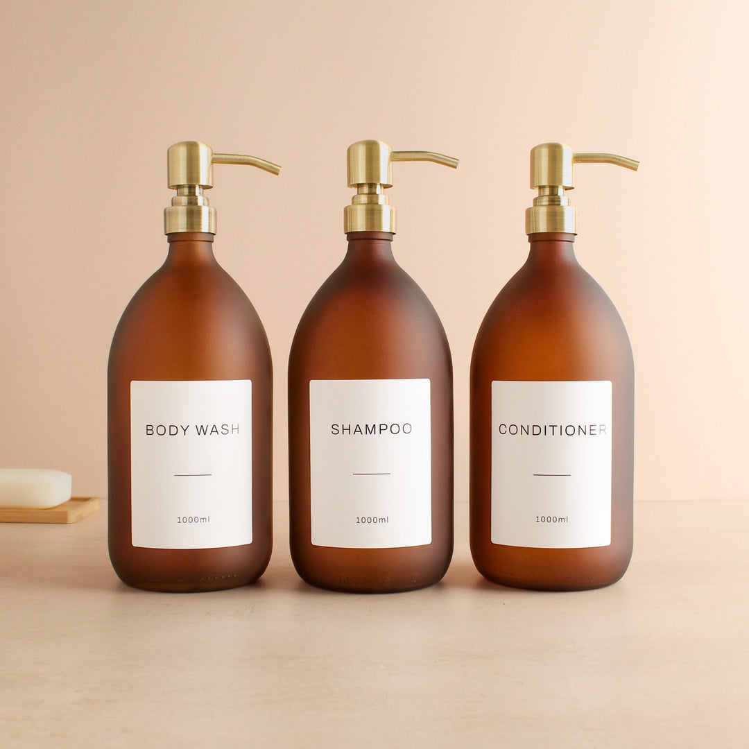 Body Wash, Shampoo & Conditioner Frosted Amber Glass Set - Namie Home